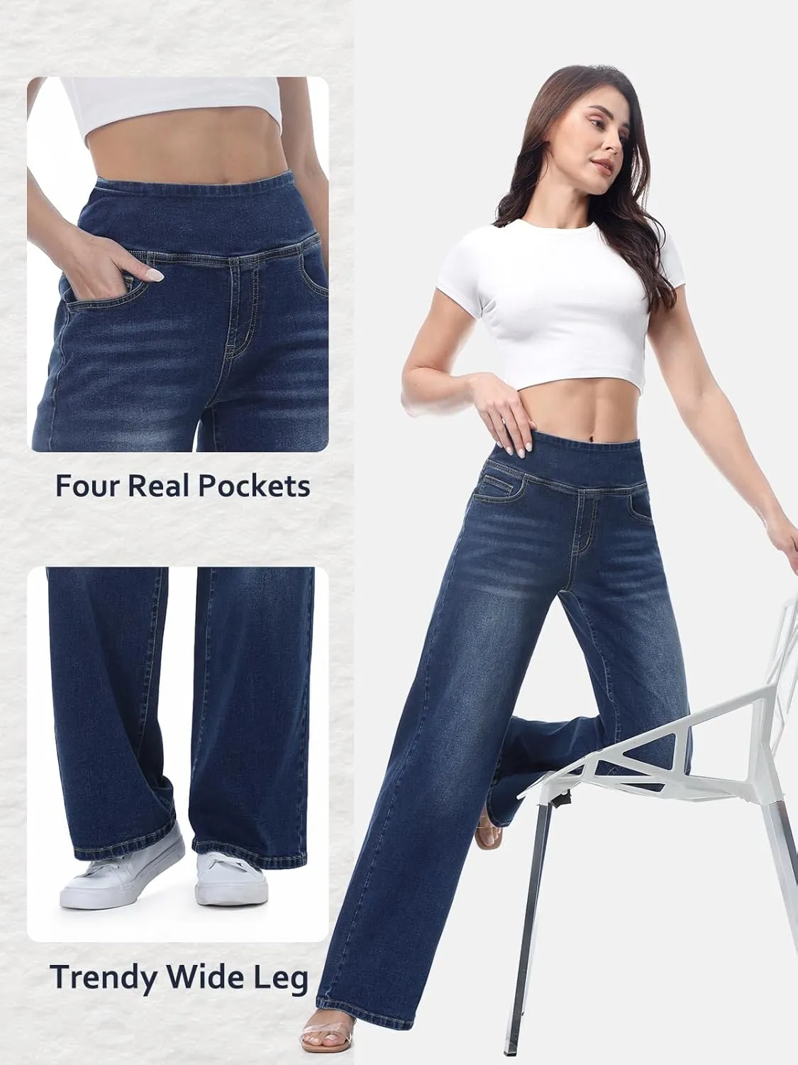 Pull on Wide Leg Jeans for Women, High Waisted Stretchy Baggy Trendy Tummy Control Straight Leg Jeans Denim Pants
