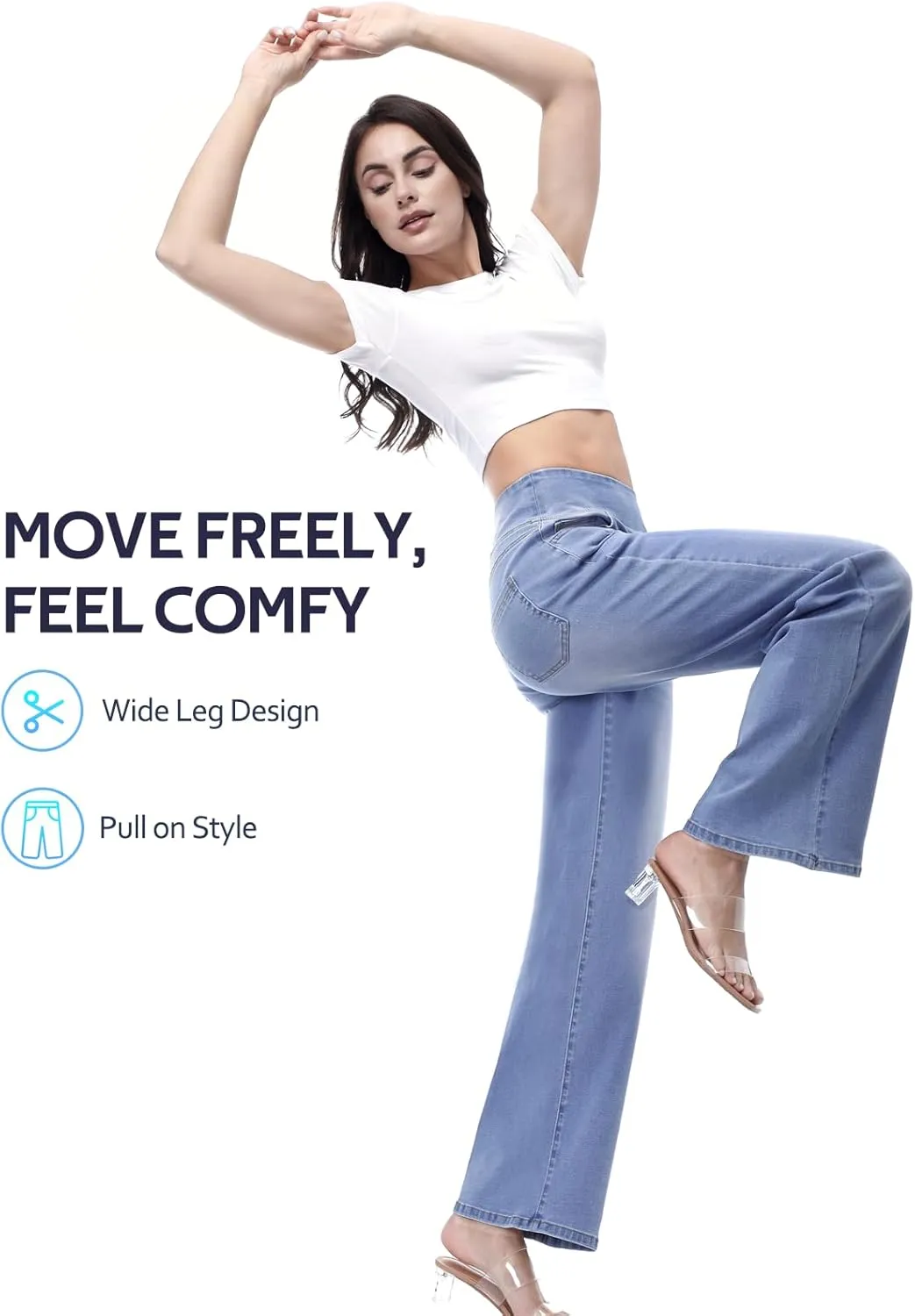 Pull on Wide Leg Jeans for Women, High Waisted Stretchy Baggy Trendy Tummy Control Straight Leg Jeans Denim Pants