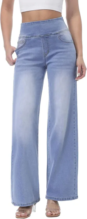 Pull on Wide Leg Jeans for Women, High Waisted Stretchy Baggy Trendy Tummy Control Straight Leg Jeans Denim Pants