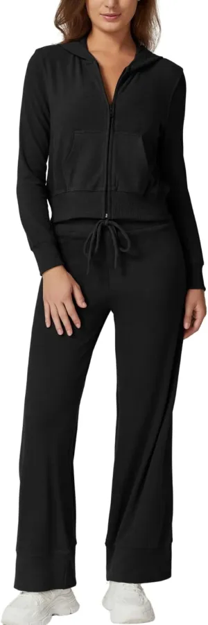 QINSEN Women's Two Piece Outfits Long Sleeve Full-Zip Hoodie and Wide Leg Pants Tracksuit Lounge Matching Set
