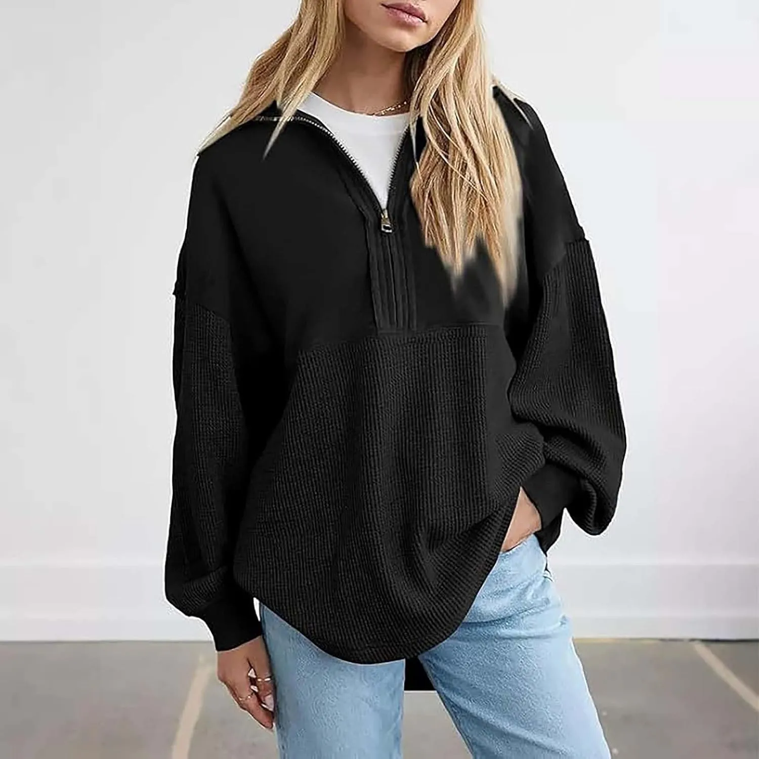 Quarter Zip Pullover Women Oversized Sweatshirt Fall Outfits for Women 2024 Knit Half Zip Pullover Loose Long Sleeve