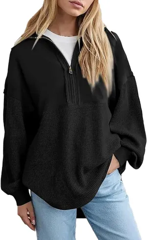 Quarter Zip Pullover Women Oversized Sweatshirt Fall Outfits for Women 2024 Knit Half Zip Pullover Loose Long Sleeve