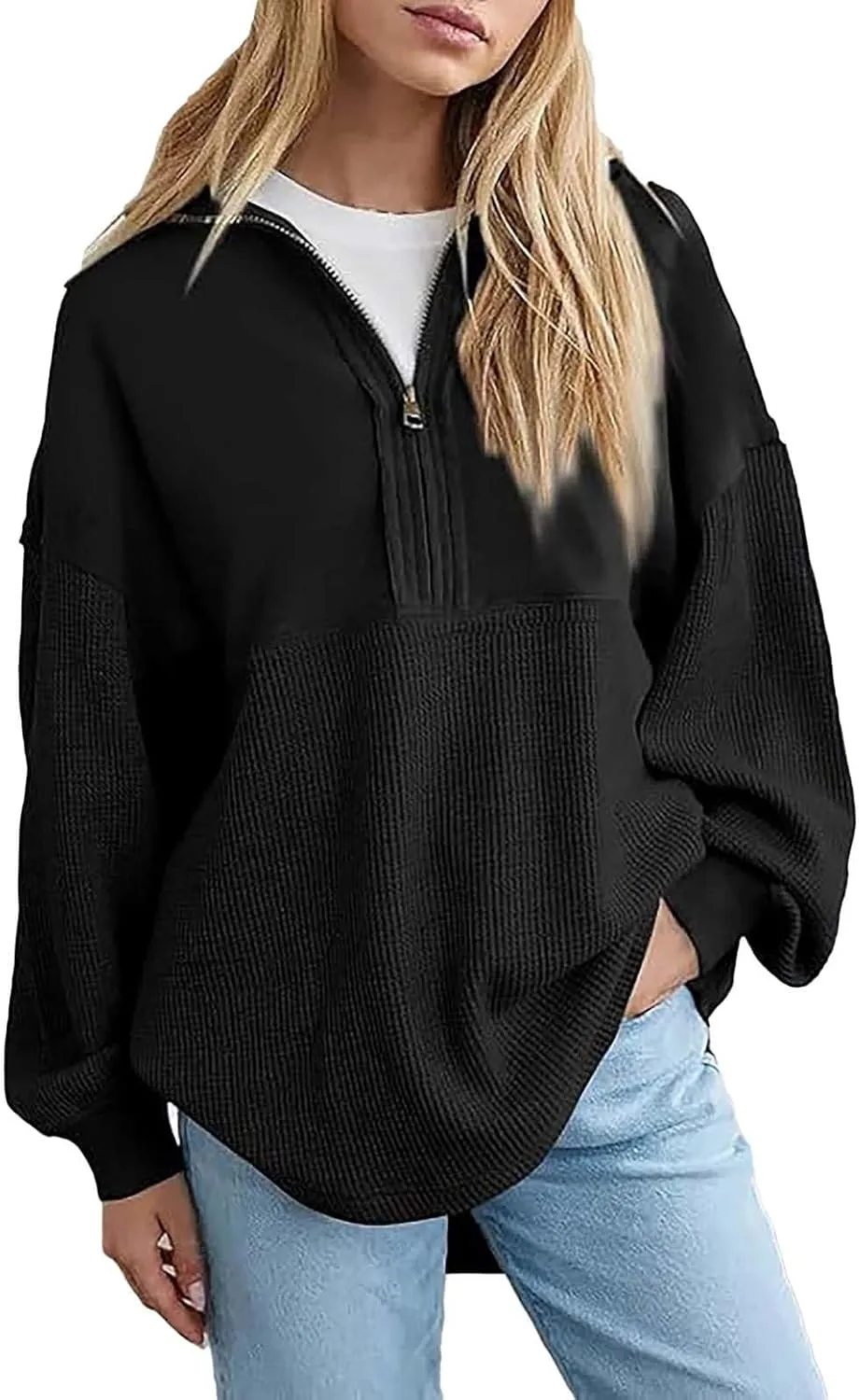Quarter Zip Pullover Women Oversized Sweatshirt Fall Outfits for Women 2024 Knit Half Zip Pullover Loose Long Sleeve