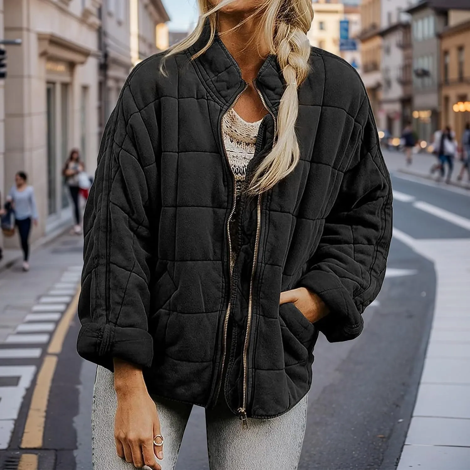 Quilted Puffer Jacket Women Lightweight Zip Up Long Sleeve Down Jacket Casual Button Warm Winter Coats with Pockets