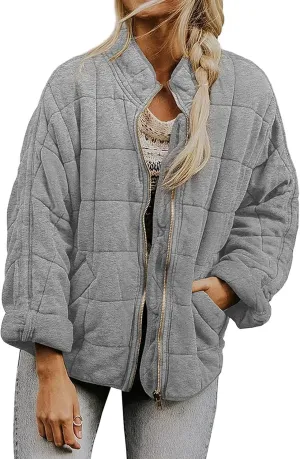 Quilted Puffer Jacket Women Lightweight Zip Up Long Sleeve Down Jacket Casual Button Warm Winter Coats with Pockets