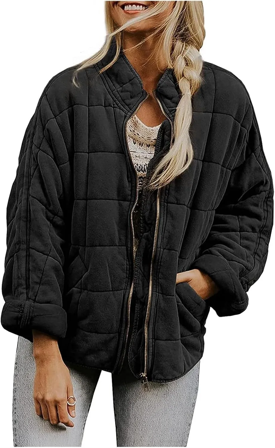 Quilted Puffer Jacket Women Lightweight Zip Up Long Sleeve Down Jacket Casual Button Warm Winter Coats with Pockets