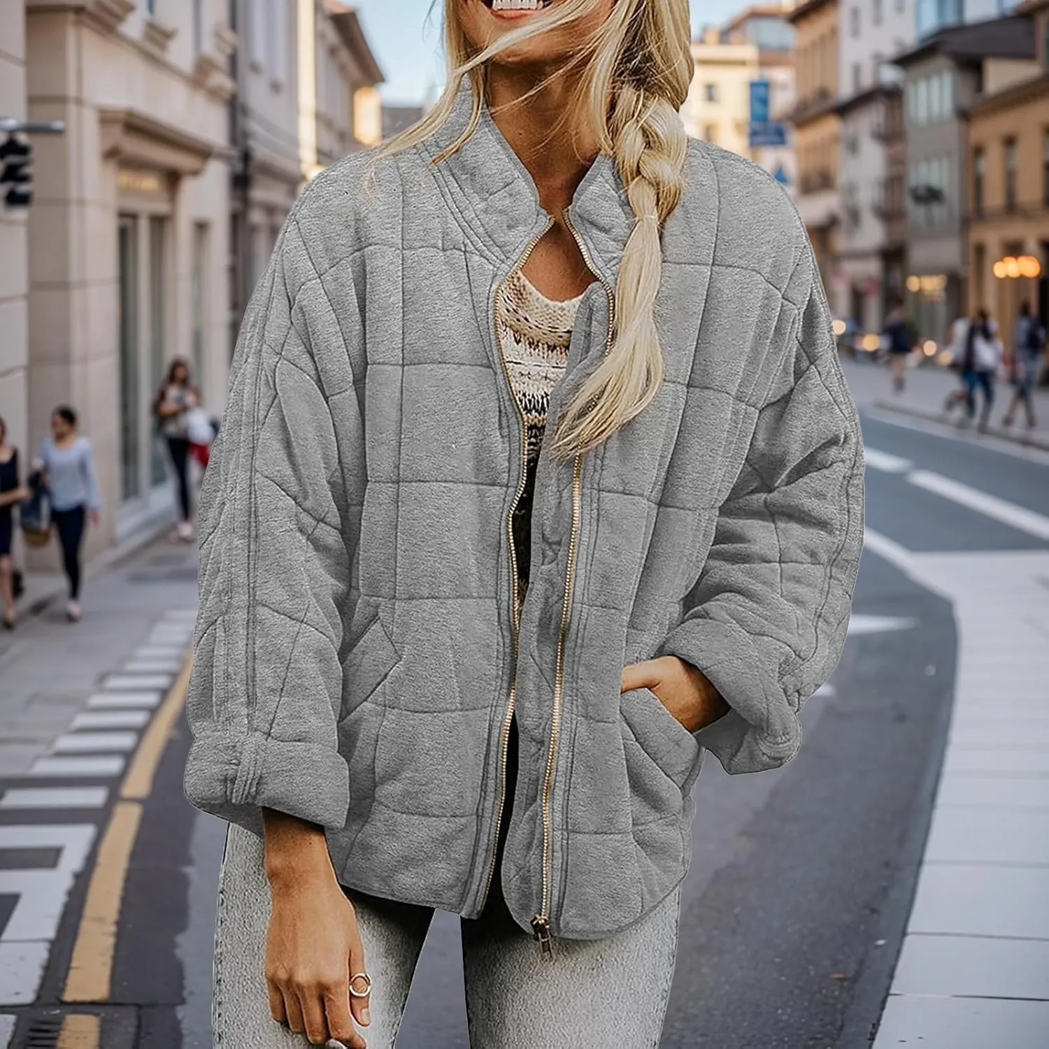 Quilted Puffer Jacket Women Lightweight Zip Up Long Sleeve Down Jacket Casual Button Warm Winter Coats with Pockets