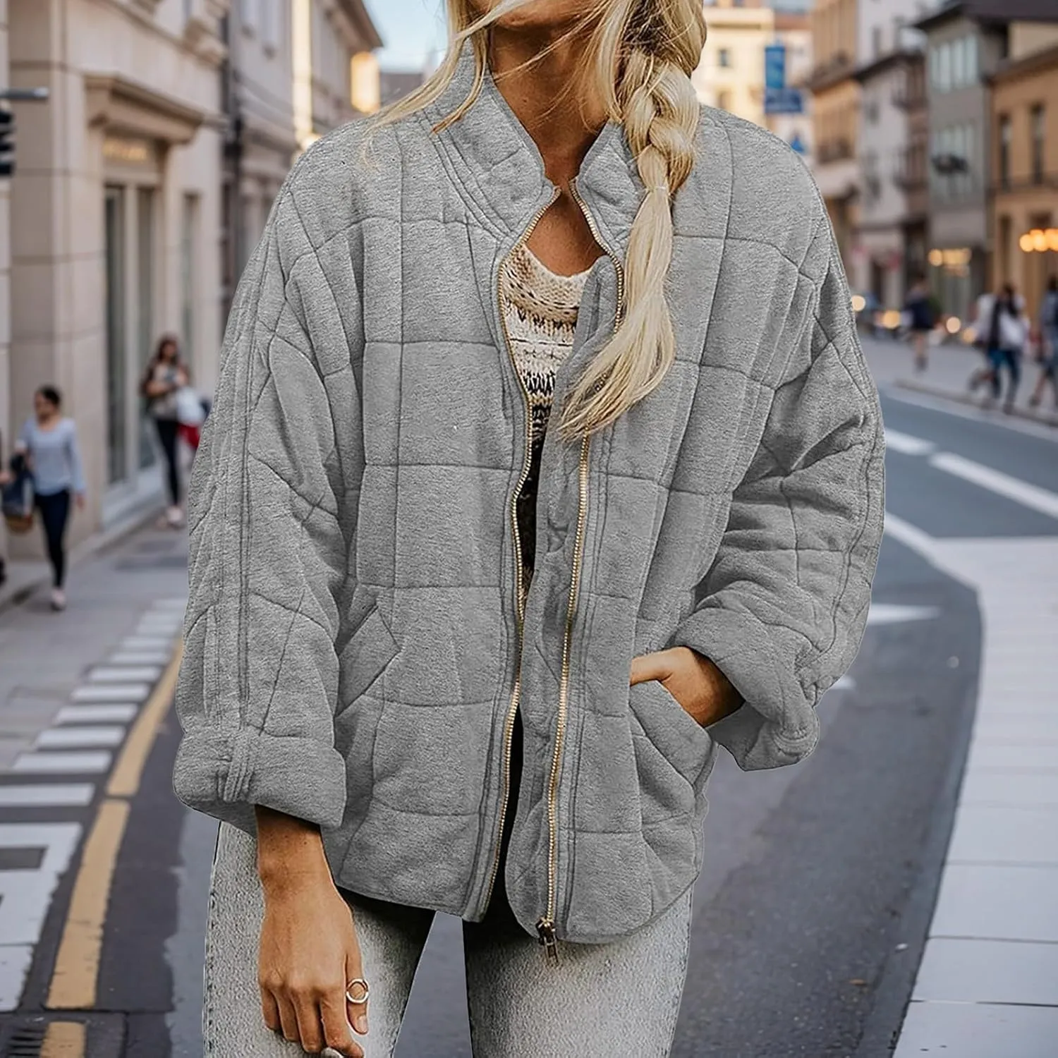 Quilted Puffer Jacket Women Lightweight Zip Up Long Sleeve Down Jacket Casual Button Warm Winter Coats with Pockets