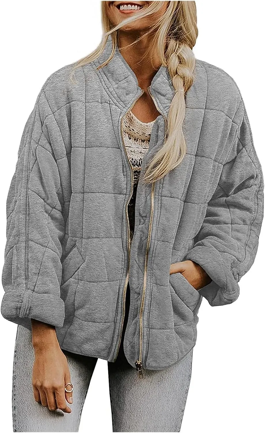Quilted Puffer Jacket Women Lightweight Zip Up Long Sleeve Down Jacket Casual Button Warm Winter Coats with Pockets