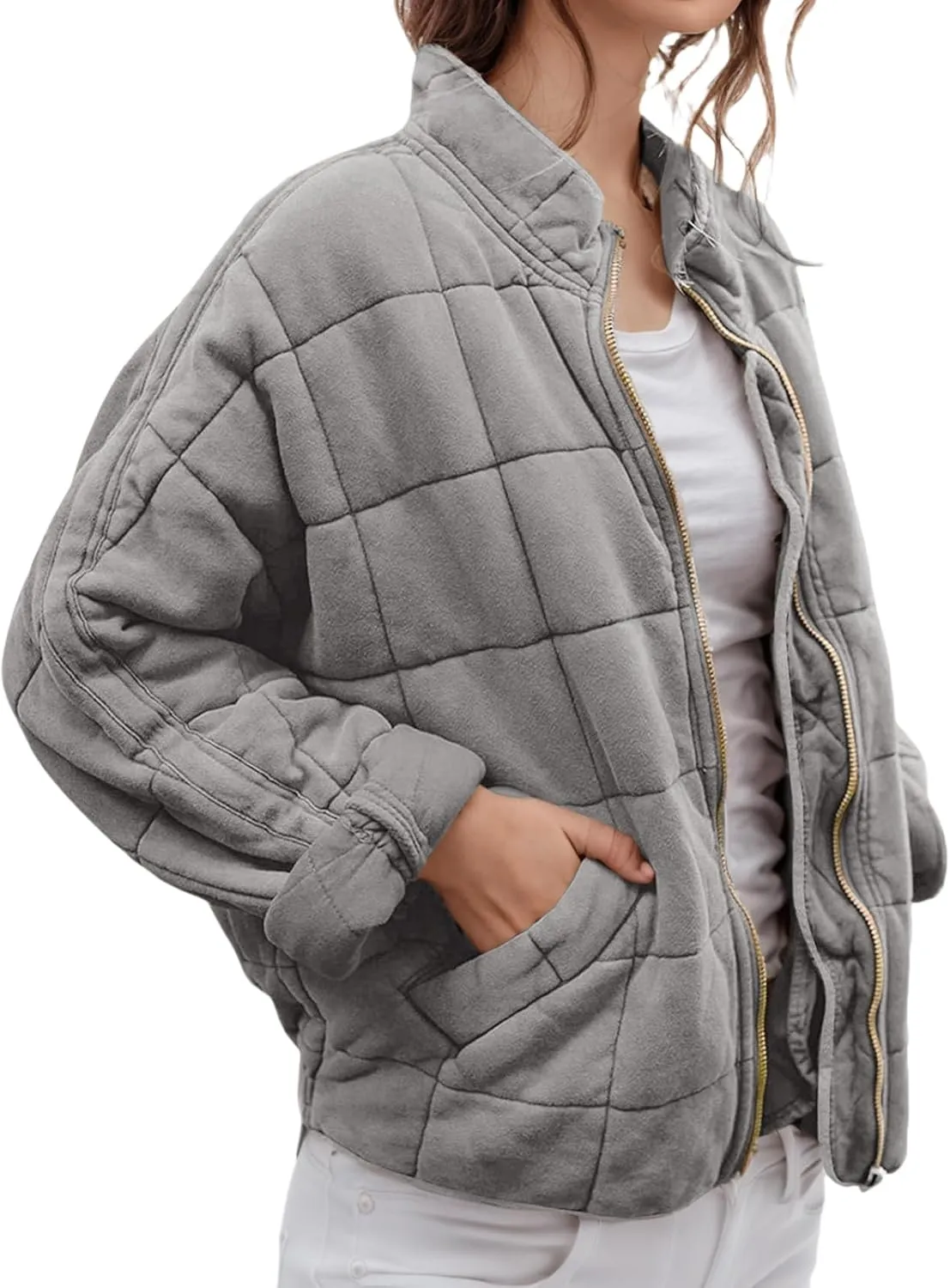 Quilted Puffer Jacket Women Lightweight Zip Up Long Sleeve Down Jacket Casual Button Warm Winter Coats with Pockets