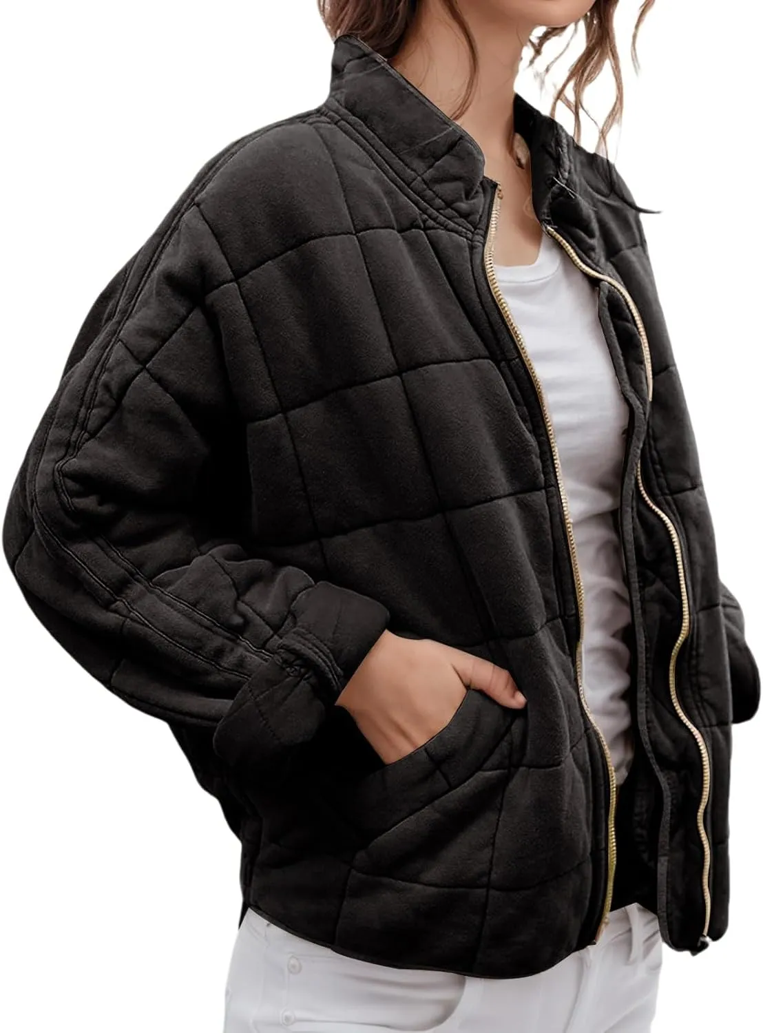 Quilted Puffer Jacket Women Lightweight Zip Up Long Sleeve Down Jacket Casual Button Warm Winter Coats with Pockets