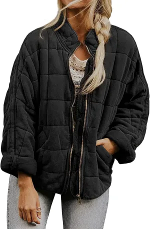 Quilted Puffer Jacket Women Lightweight Zip Up Long Sleeve Down Jacket Casual Button Warm Winter Coats with Pockets