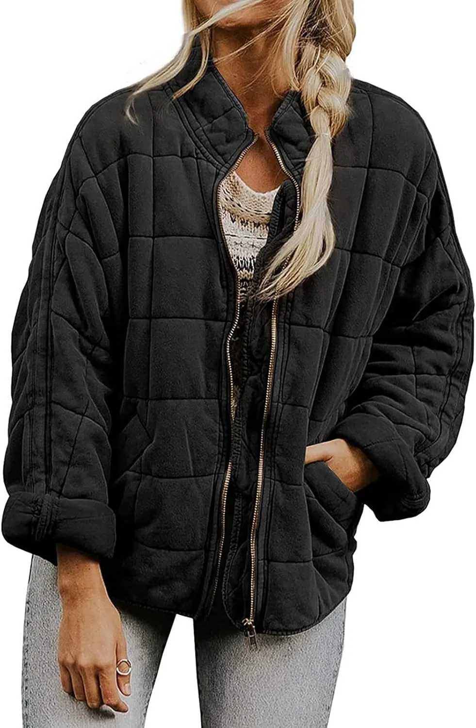 Quilted Puffer Jacket Women Lightweight Zip Up Long Sleeve Down Jacket Casual Button Warm Winter Coats with Pockets