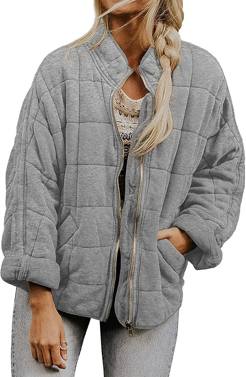 Quilted Puffer Jacket Women Lightweight Zip Up Long Sleeve Down Jacket Casual Button Warm Winter Coats with Pockets