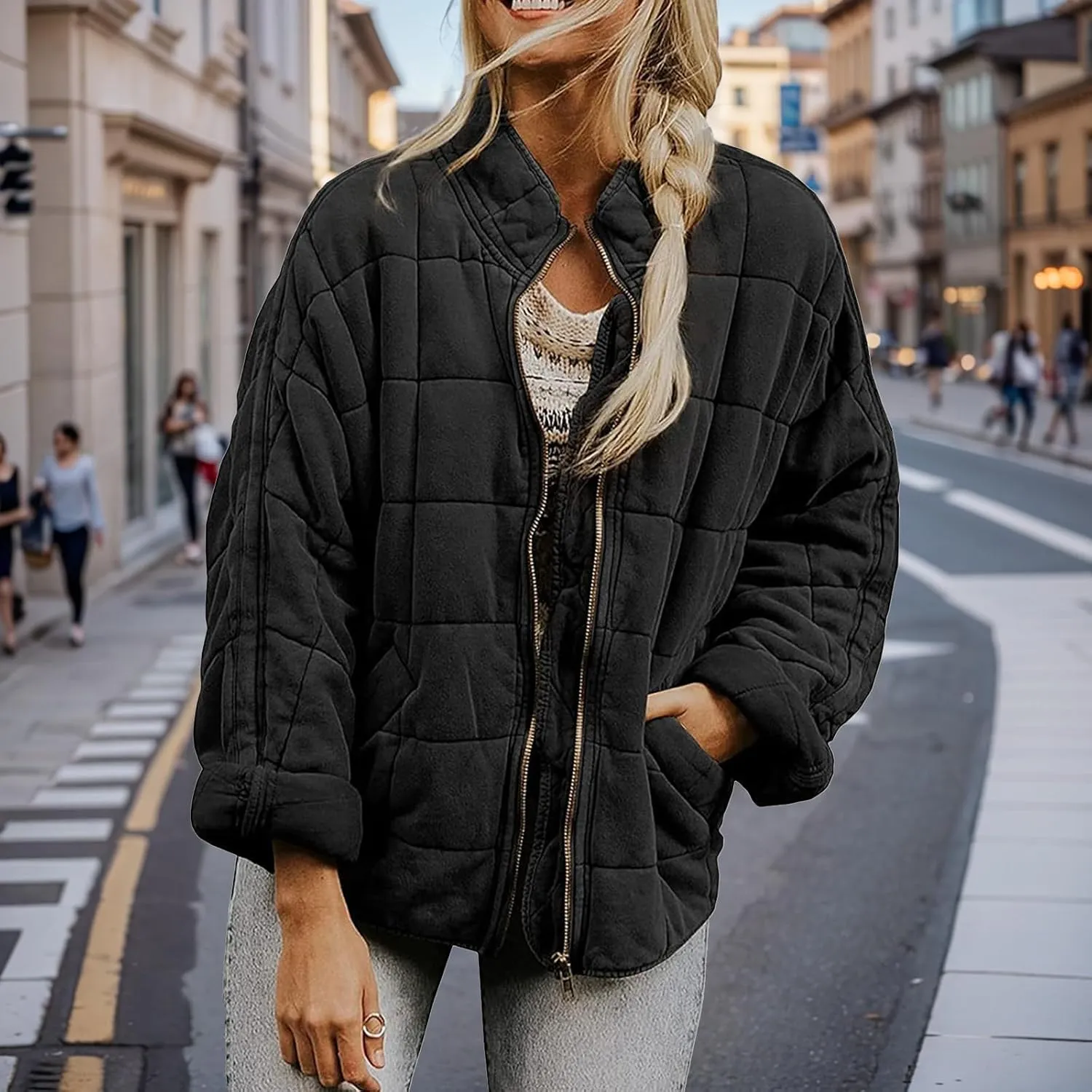 Quilted Puffer Jacket Women Lightweight Zip Up Long Sleeve Down Jacket Casual Button Warm Winter Coats with Pockets
