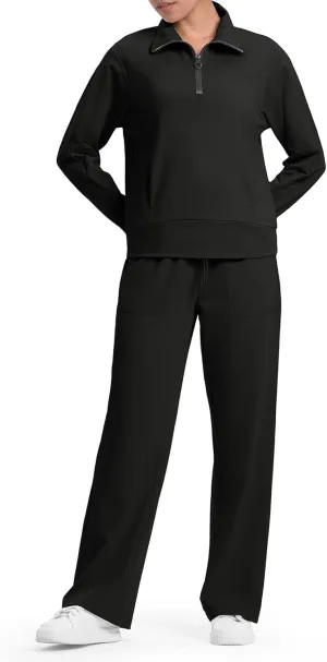 Rdruko Lounge Sets For Women 2 Piece Outfits Sweatsuit Half Zip Sweatshirts and Wide Leg SweatPants Tracksuit Suit