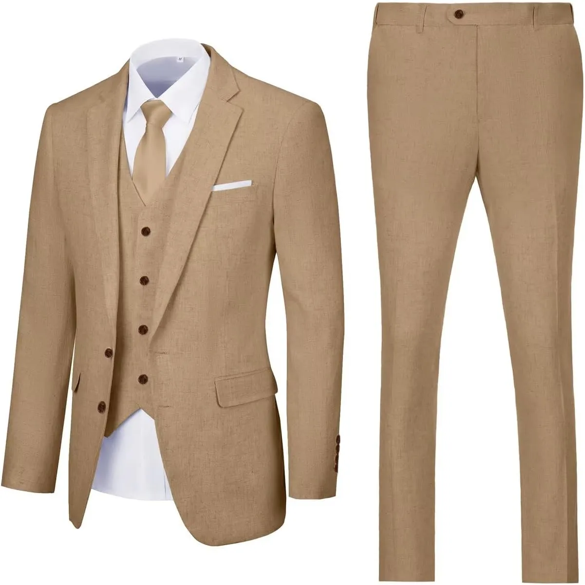 Retro Linen Mens Suit 3 Pieces Light Weight Linen Suit Linen Summer Slim Fit Suits Tuxedo Jacket Blazer Vest Pant for Men
