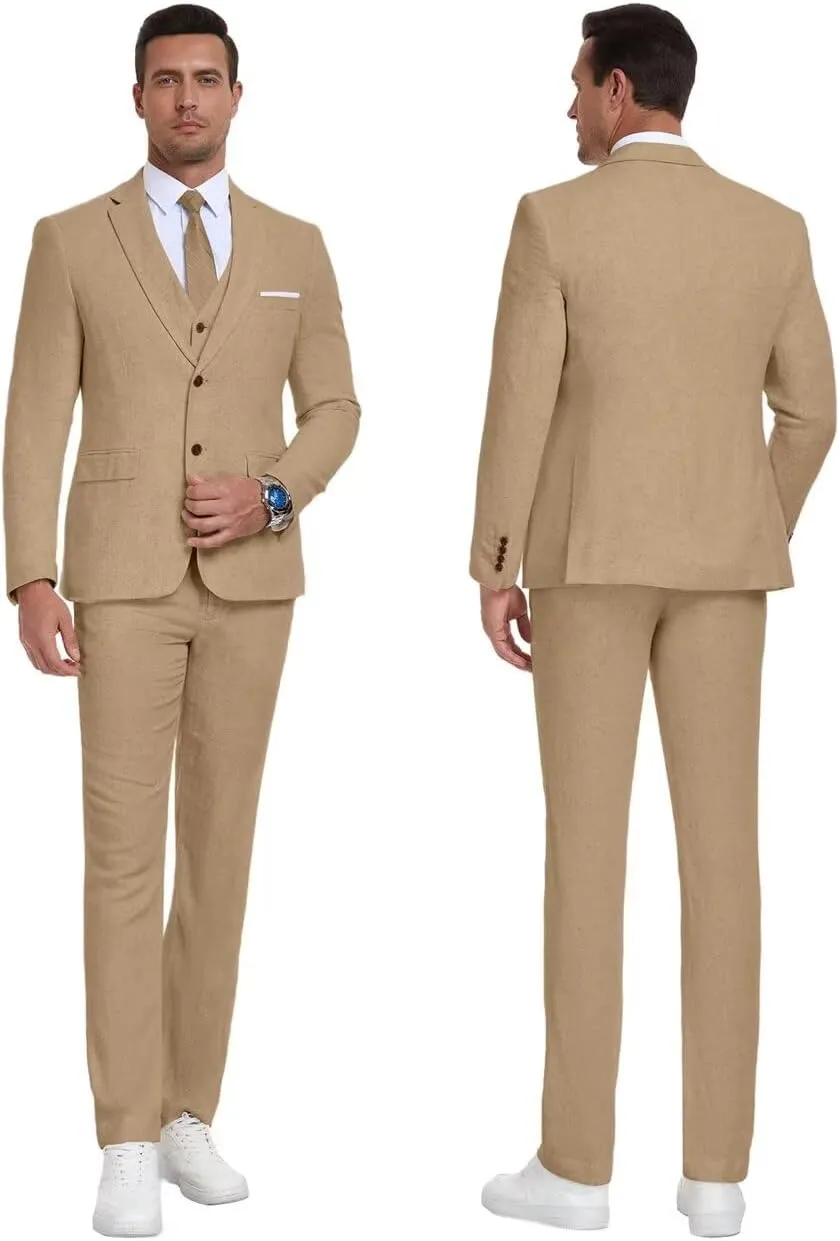 Retro Linen Mens Suit 3 Pieces Light Weight Linen Suit Linen Summer Slim Fit Suits Tuxedo Jacket Blazer Vest Pant for Men