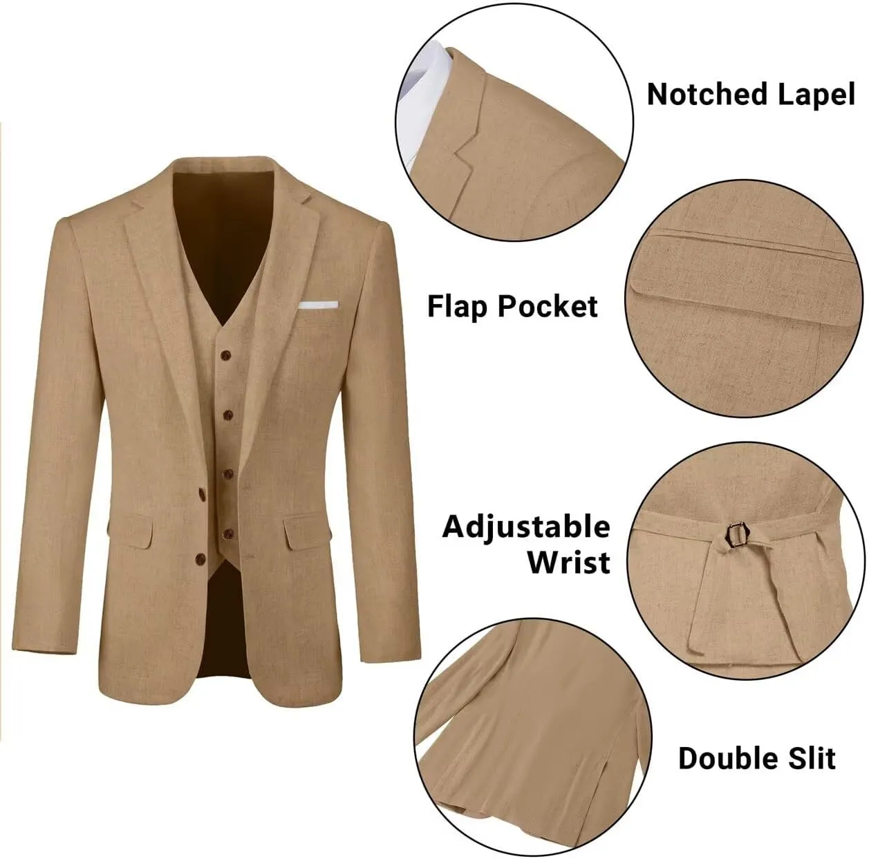 Retro Linen Mens Suit 3 Pieces Light Weight Linen Suit Linen Summer Slim Fit Suits Tuxedo Jacket Blazer Vest Pant for Men