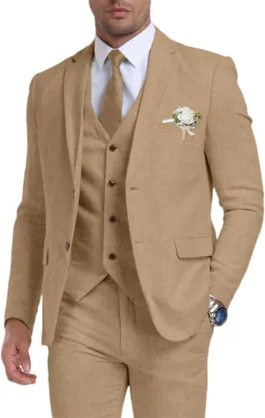 Retro Linen Mens Suit 3 Pieces Light Weight Linen Suit Linen Summer Slim Fit Suits Tuxedo Jacket Blazer Vest Pant for Men