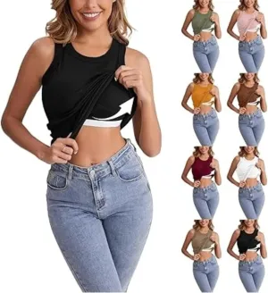 Ribbed Tank Tops for Women with Built in Bra Casual Crew Neck Sleeveless Shirts Basic Workout Camisole Tees
