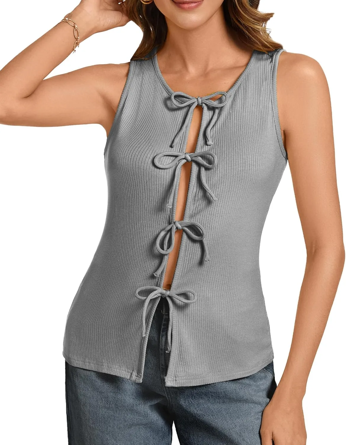 Ribbed Tank Tops for Womens - Y2k Sleeveless Bow Tie Front Shirts Cute Summer Going Out Crop Top