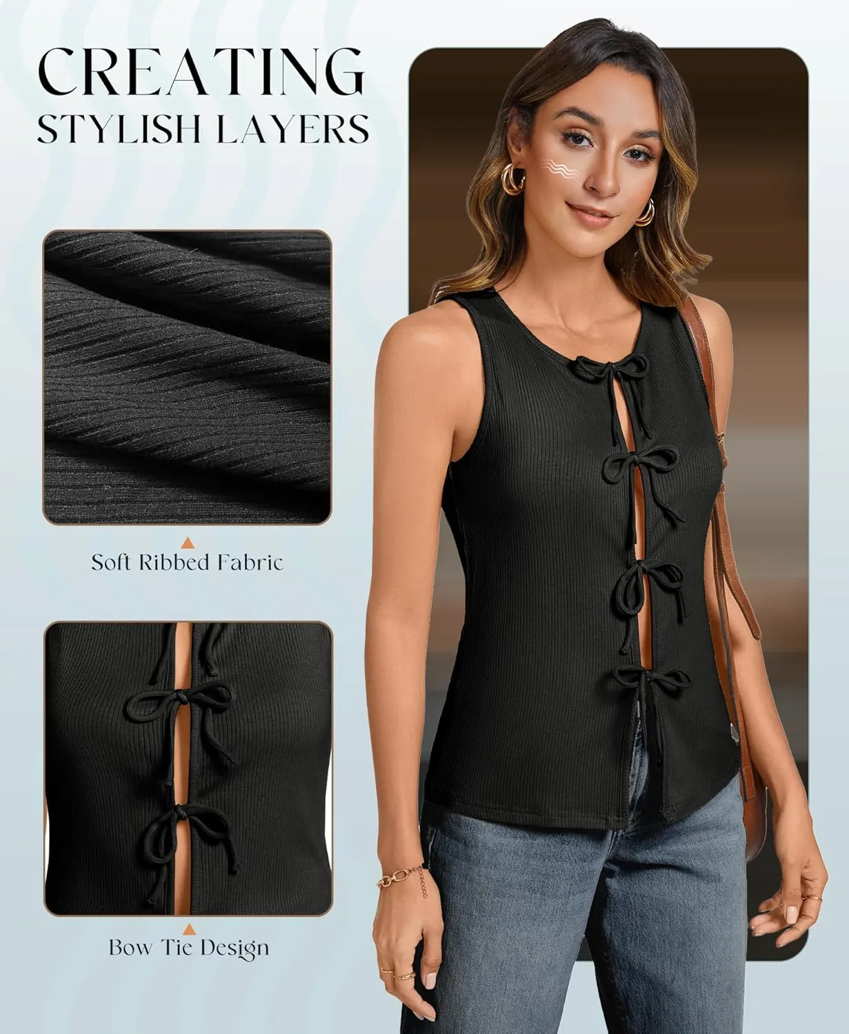 Ribbed Tank Tops for Womens - Y2k Sleeveless Bow Tie Front Shirts Cute Summer Going Out Crop Top