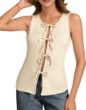 Ribbed Tank Tops for Womens - Y2k Sleeveless Bow Tie Front Shirts Cute Summer Going Out Crop Top