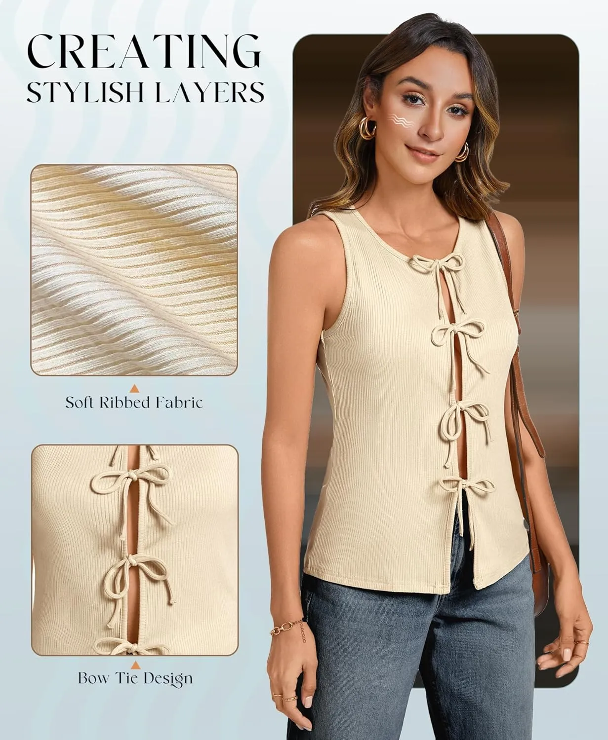 Ribbed Tank Tops for Womens - Y2k Sleeveless Bow Tie Front Shirts Cute Summer Going Out Crop Top
