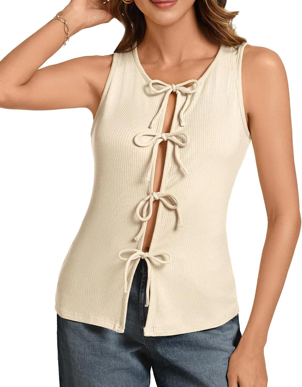 Ribbed Tank Tops for Womens - Y2k Sleeveless Bow Tie Front Shirts Cute Summer Going Out Crop Top