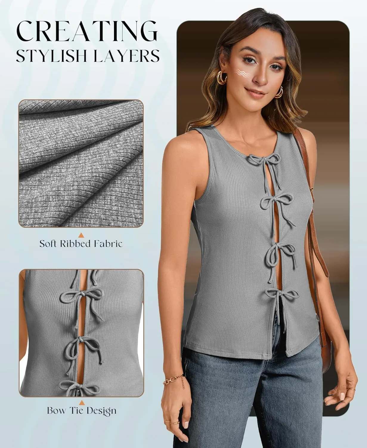 Ribbed Tank Tops for Womens - Y2k Sleeveless Bow Tie Front Shirts Cute Summer Going Out Crop Top
