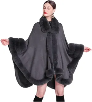 RomanticDesign Women Faux Fur Poncho Autumn Winter Knit Cape Shawl Batwing Sleeve Cloak Coat