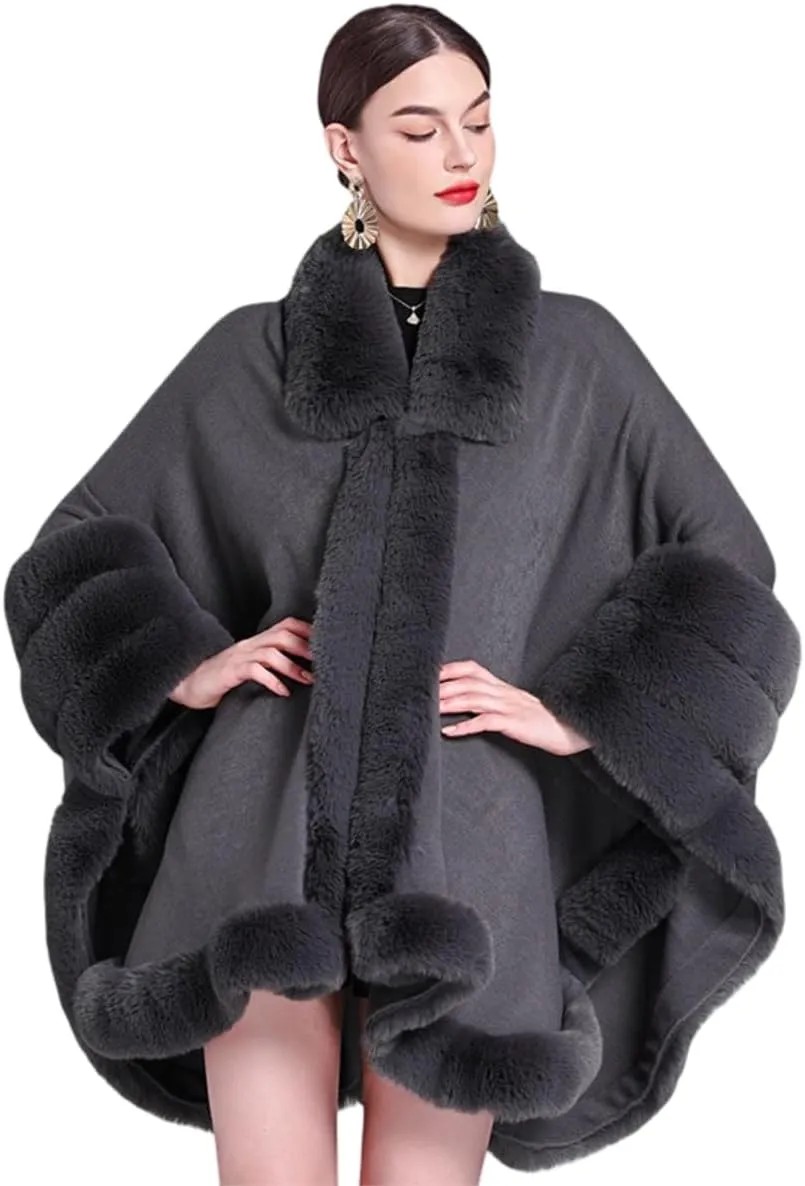 RomanticDesign Women Faux Fur Poncho Autumn Winter Knit Cape Shawl Batwing Sleeve Cloak Coat