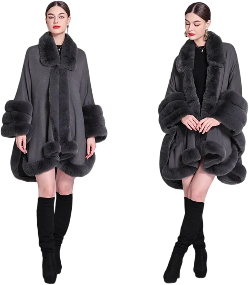 RomanticDesign Women Faux Fur Poncho Autumn Winter Knit Cape Shawl Batwing Sleeve Cloak Coat