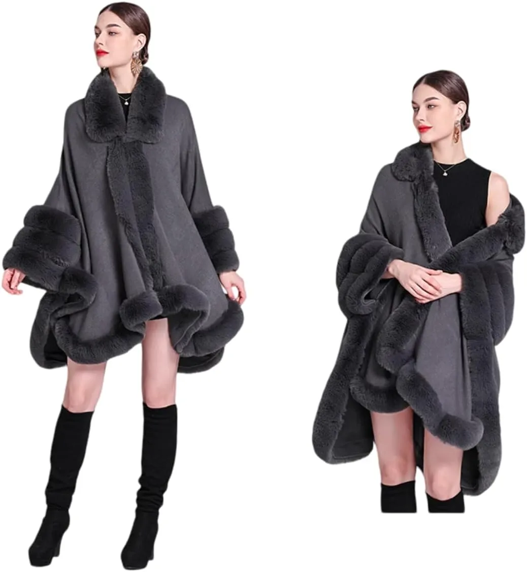 RomanticDesign Women Faux Fur Poncho Autumn Winter Knit Cape Shawl Batwing Sleeve Cloak Coat