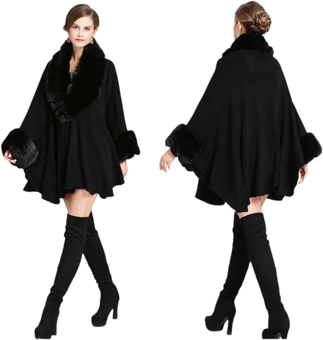 RomanticDesign Women Faux Fur Shawl Wrap Poncho Oversized Cloak Batwing Sleeve Cardigan Coat for Fall Winter