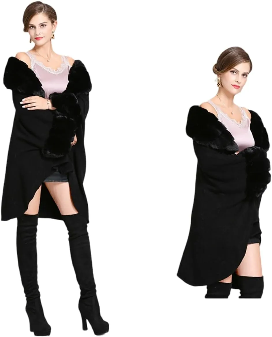 RomanticDesign Women Faux Fur Shawl Wrap Poncho Oversized Cloak Batwing Sleeve Cardigan Coat for Fall Winter