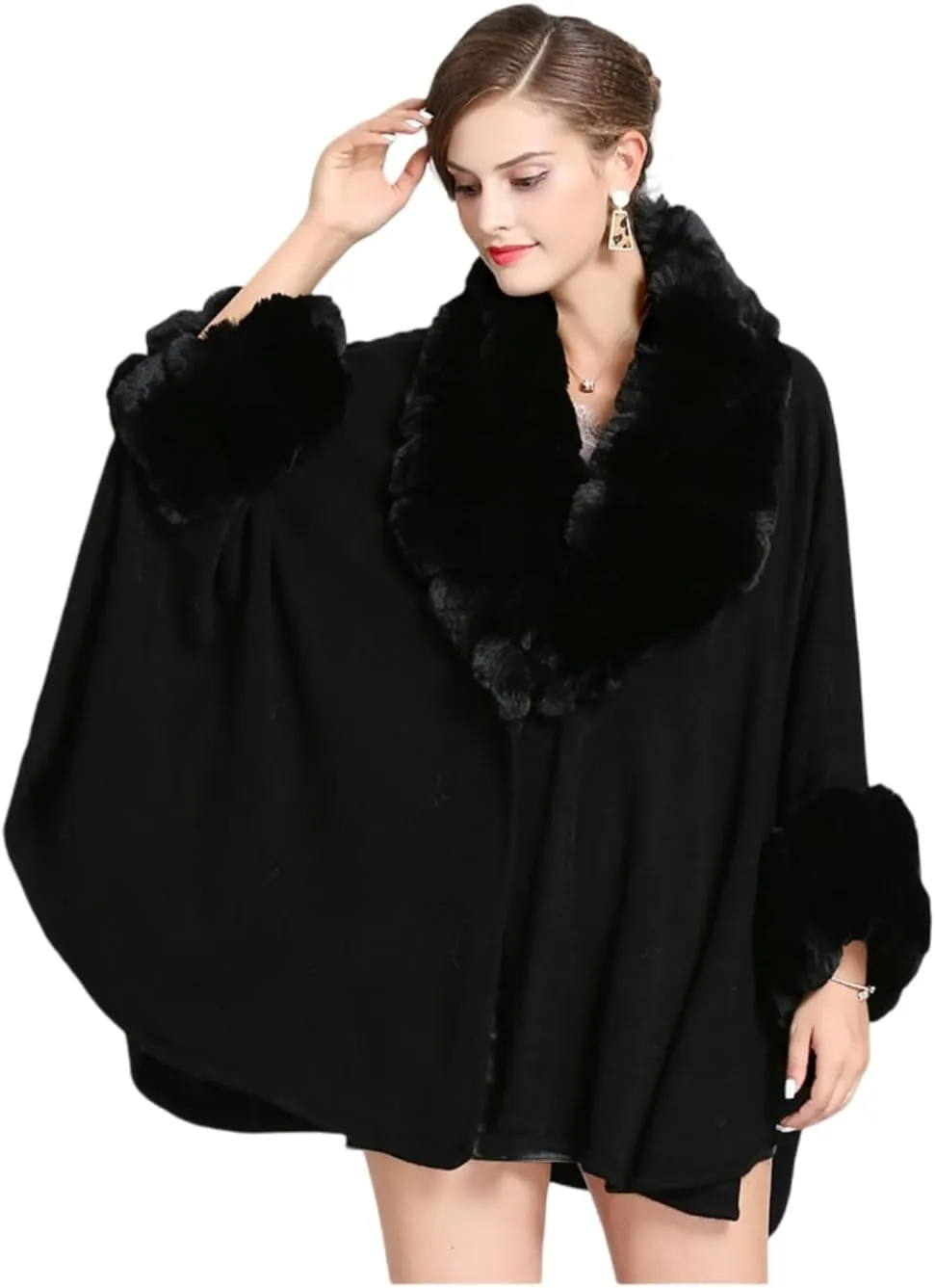 RomanticDesign Women Faux Fur Shawl Wrap Poncho Oversized Cloak Batwing Sleeve Cardigan Coat for Fall Winter