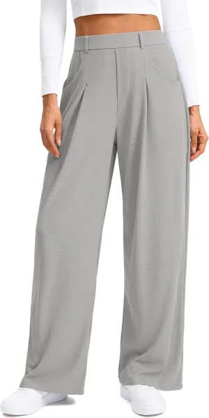SANTINY Wide Leg Pants Woman Elastic High Waisted Waffle Knit Slacks Business Casual Work Pants Pleated Trousers with Pockets (Light Grey_S)