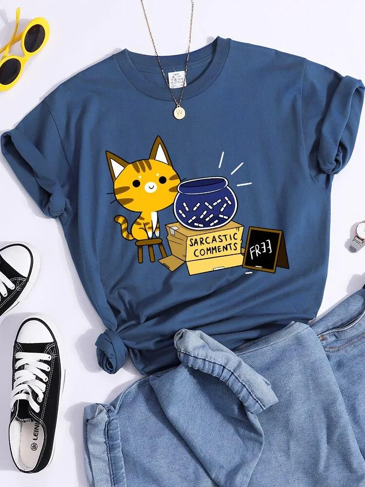 Sarcastic Comments Kawaii Cat T-Shirt Women Fashion Casual T Shirts Street Hip Hop Crop Top Cool Sport Breathable Female Tshirts