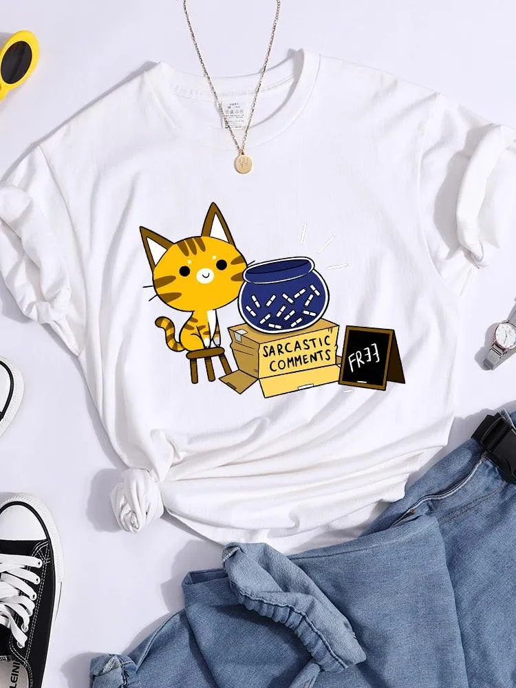 Sarcastic Comments Kawaii Cat T-Shirt Women Fashion Casual T Shirts Street Hip Hop Crop Top Cool Sport Breathable Female Tshirts