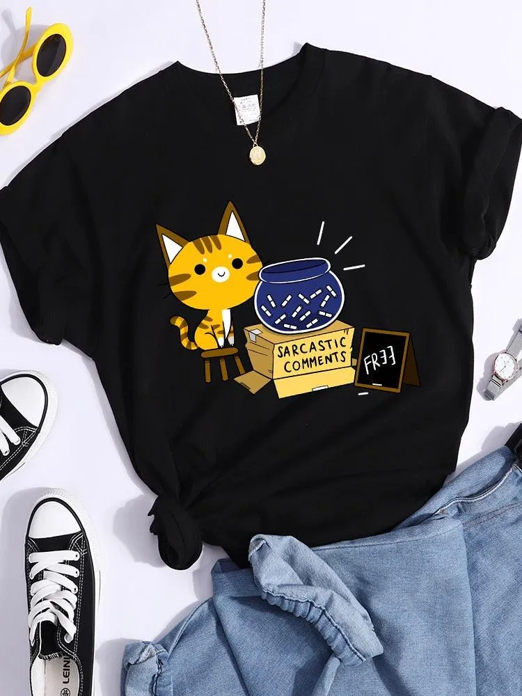 Sarcastic Comments Kawaii Cat T-Shirt Women Fashion Casual T Shirts Street Hip Hop Crop Top Cool Sport Breathable Female Tshirts