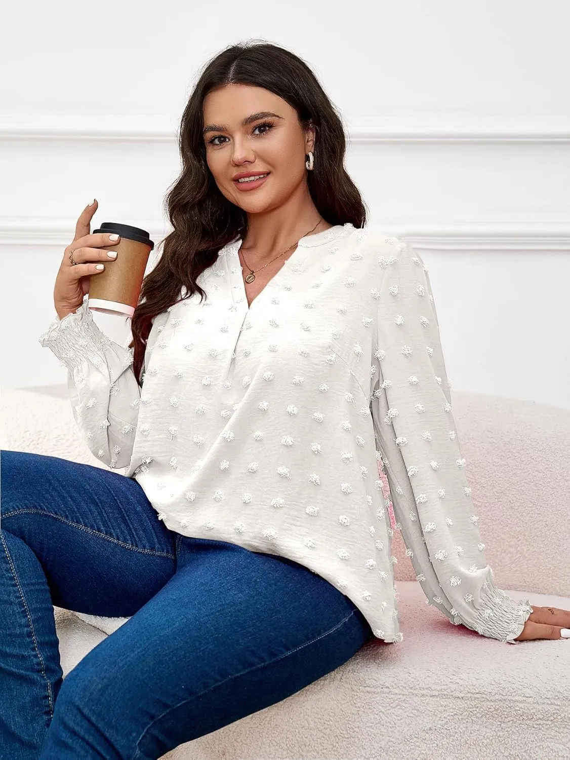 SCOMCHIC Plus Size Blouses for Women Dressy Casual Long Sleeve Shirts V Neck Swiss Dot Business Work Tunic Tops