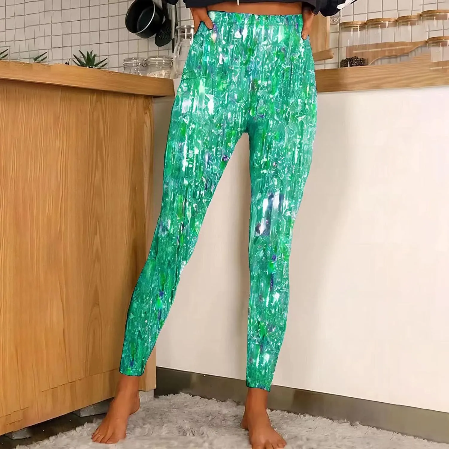Sequin Print Pants Women Fashion Y2K Yoga Workout Leggings Stretch High Waisted Elastic Streetwear Cozy Lounge Slacks