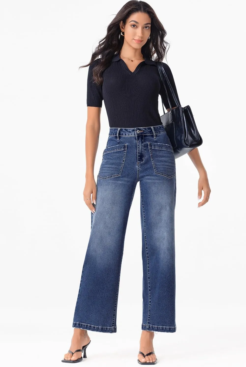 Sidefeel Women's Wide Leg Jeans High Waisted Stretchy Jeans Straight Leg Loose Fit Zimbaplatinum Ankle Denim Pants