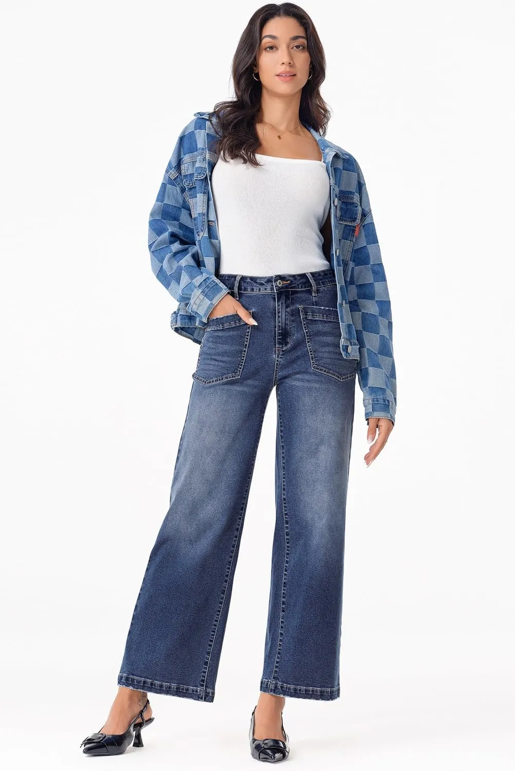 Sidefeel Women's Wide Leg Jeans High Waisted Stretchy Jeans Straight Leg Loose Fit Zimbaplatinum Ankle Denim Pants