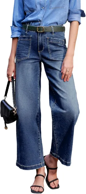 Sidefeel Women's Wide Leg Jeans High Waisted Stretchy Jeans Straight Leg Loose Fit Zimbaplatinum Ankle Denim Pants