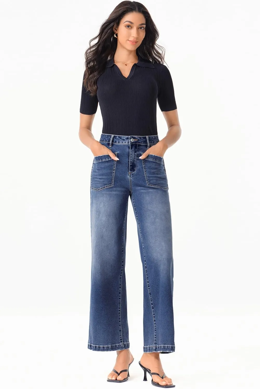 Sidefeel Women's Wide Leg Jeans High Waisted Stretchy Jeans Straight Leg Loose Fit Zimbaplatinum Ankle Denim Pants