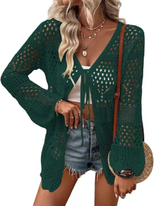 SISKIN Women's Swimsuit Coverup Cardigan Sweaters Lightweight Crochet Cotton Boho Tie Front Summer Tops Hollow Out