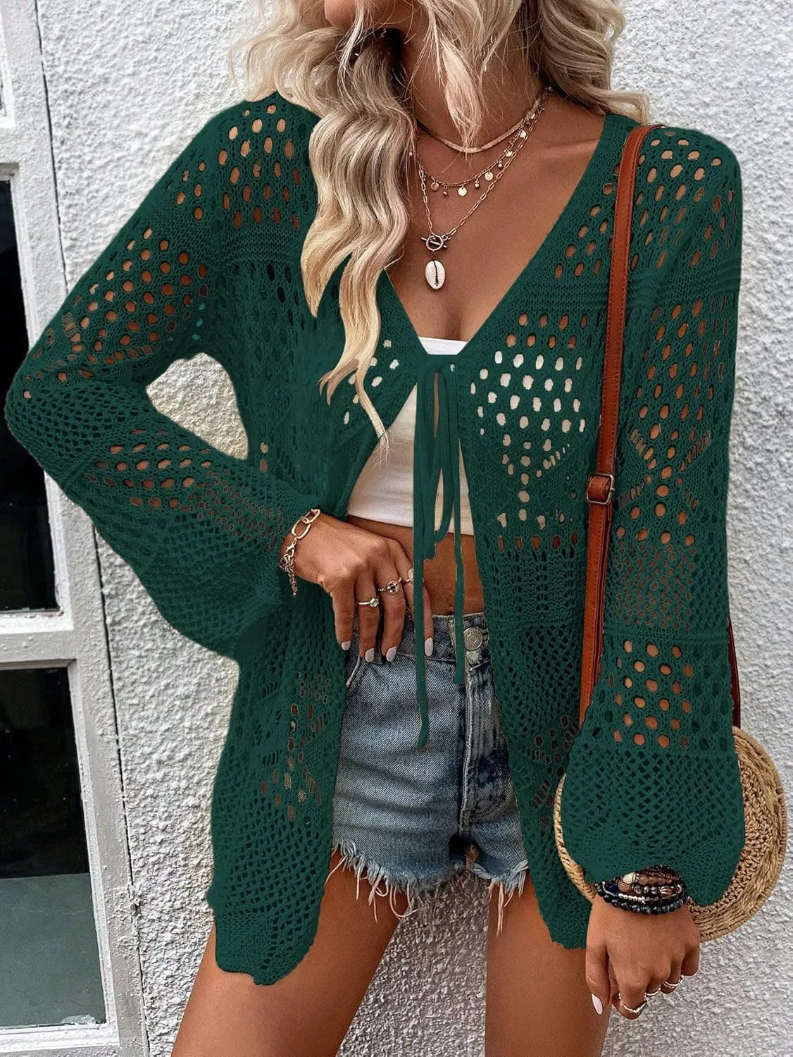 SISKIN Women's Swimsuit Coverup Cardigan Sweaters Lightweight Crochet Cotton Boho Tie Front Summer Tops Hollow Out